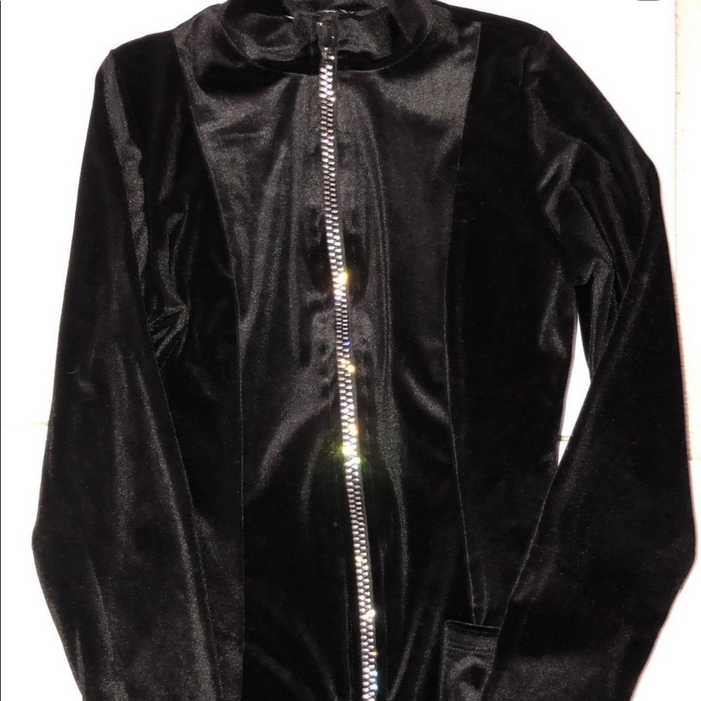 Full black velour suit & rhinestone zipper